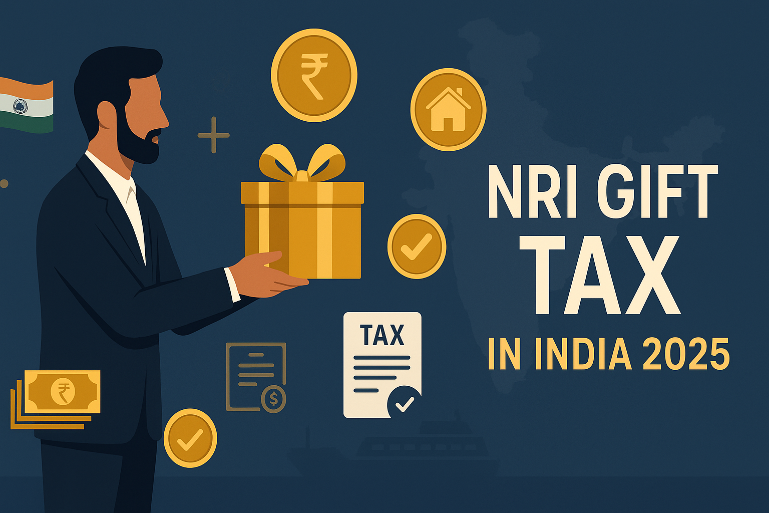 Illustration of an NRI man handing a golden gift box surrounded by rupee, house, tax document, and compliance icons, with the India map and Indian flag in the background, visually representing NRI Gift Tax in India 2025 rules and financial guidelines.
