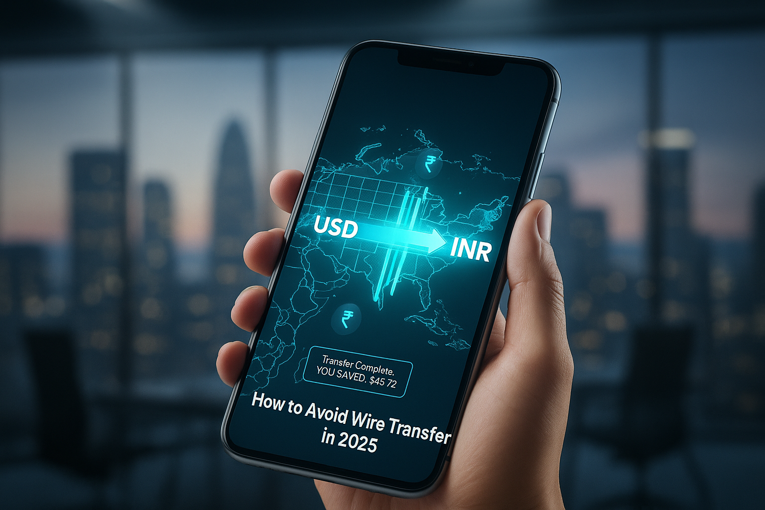 A smartphone displaying a digital USD to INR money transfer with savings highlighted, illustrating how NRIs can avoid wire transfer fees in 2025.