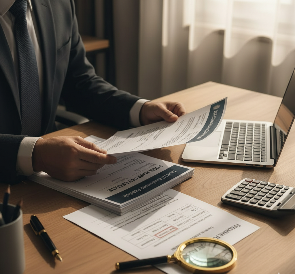 A professional entrepreneur in a suit sits at a modern desk, carefully reviewing financial documents and using a calculator, highlighting the importance of understanding compliance for TCS on Foreign Remittances for his international business.
