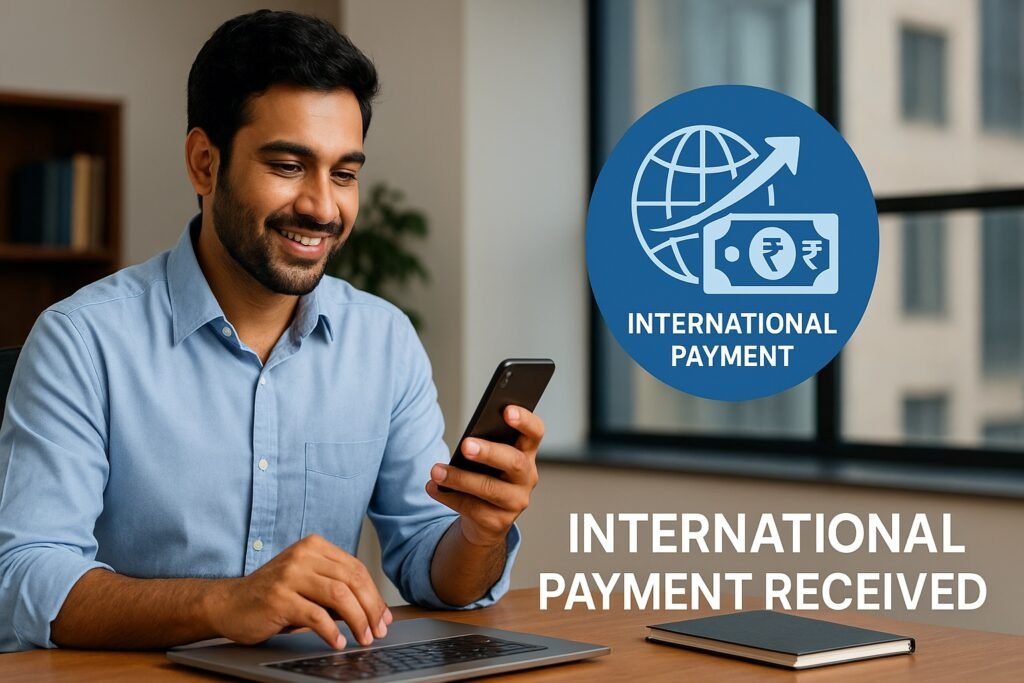 Indian freelancer smiling while receiving an international payment on his laptop and phone, symbolizing Inward Remittance in India and global money transfer success.