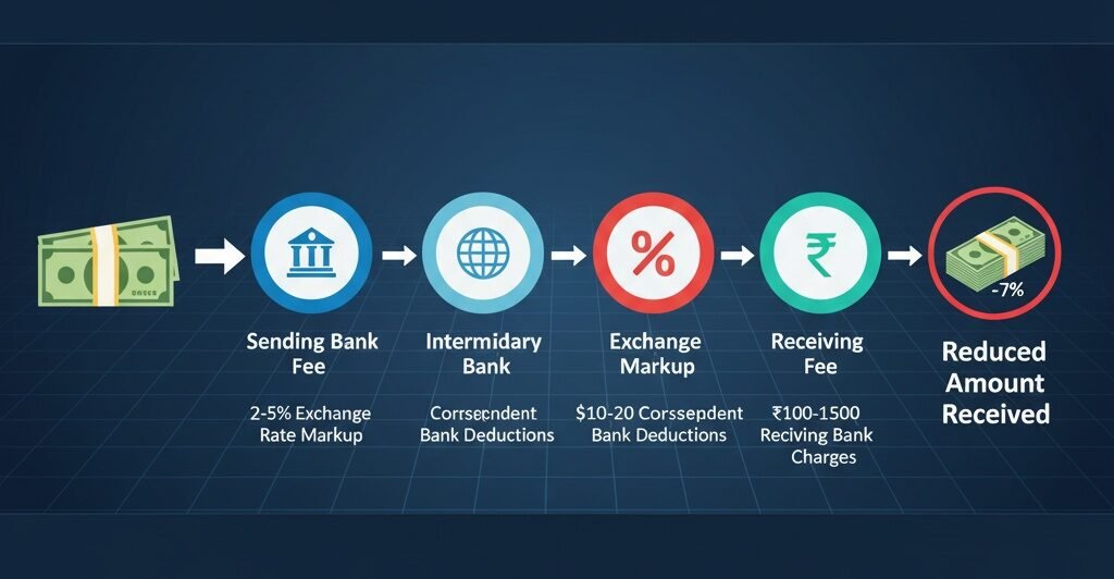 An infographic showing sending bank fees, intermediary bank charges, exchange markups, and receiving bank fees, explaining how NRIs can avoid wire transfer fees by understanding hidden costs.