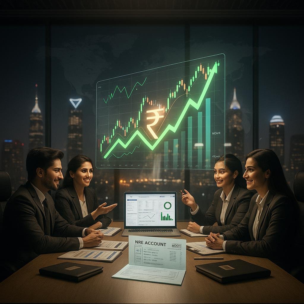 A group of professionals in a corporate meeting room analyzing rising financial charts with a glowing rupee symbol, representing NRI investing in value mutual funds and evaluating global market opportunities.