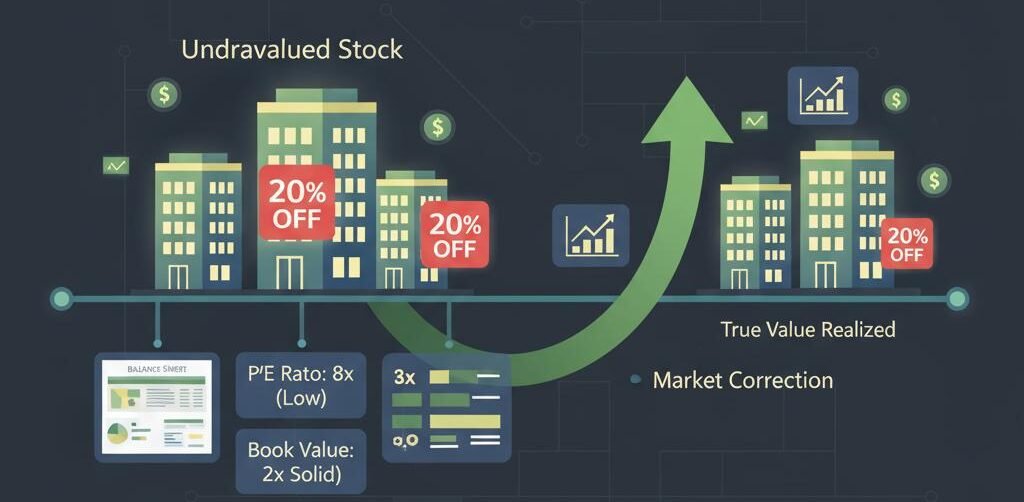 A visual representation of undervalued stocks increasing to true market value after correction, with icons for financial metrics like P/E ratio and book value, illustrating the concept behind NRI investing in value mutual funds.
