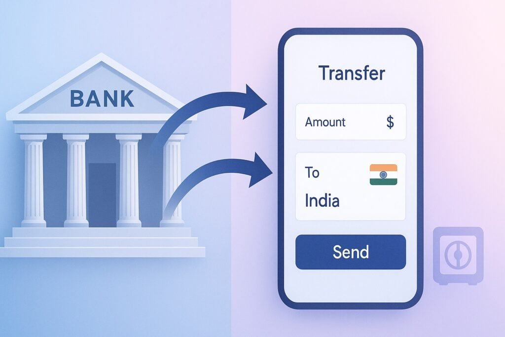 Illustration showing traditional bank and a modern mobile transfer app with arrows directing funds to India, representing the shift from conventional banking to digital fintech platforms for secure Inward Remittance.